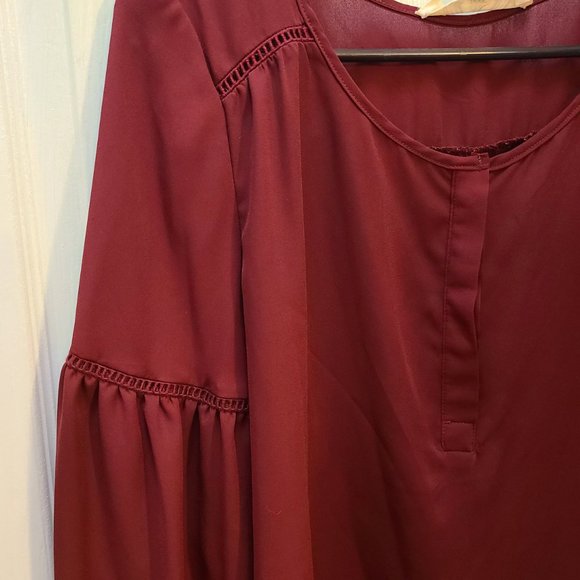 Pink Rose Maroon Sheer Flowy Long Sleeve Blouse Top Size Large - Picture 3 of 7